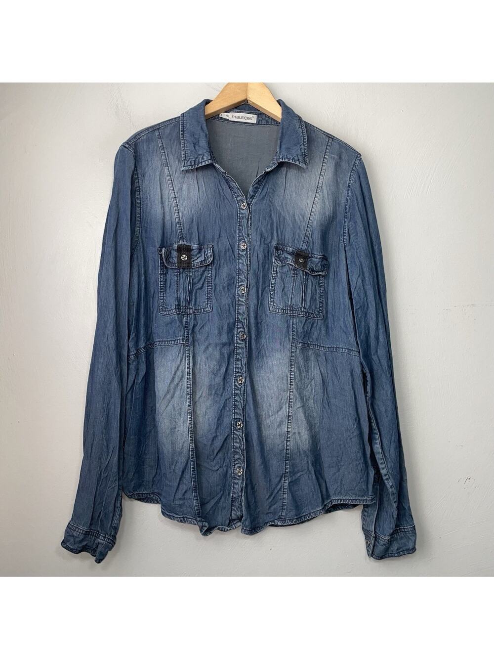Maurices Chambray Button Up Denim Shirt Plus Size 1X Grunge Lagenlook Blue Jean